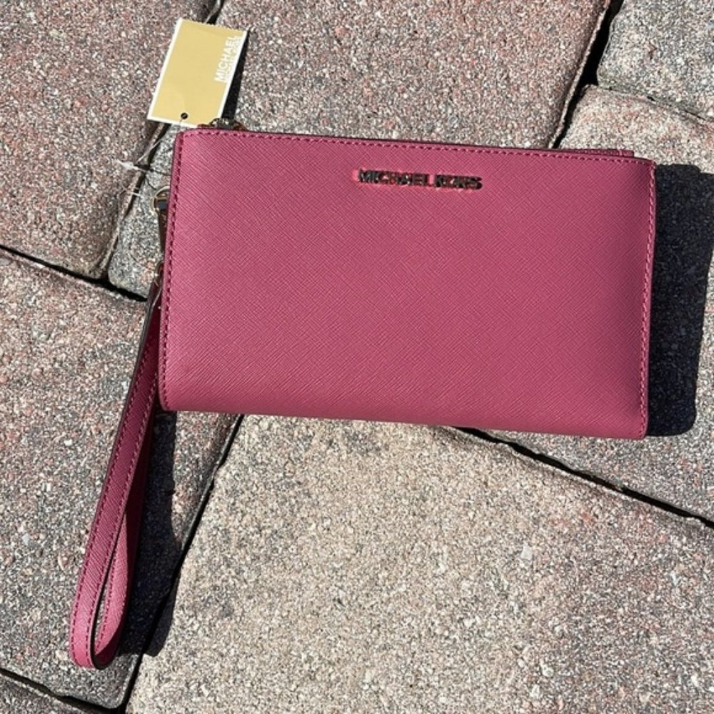 Michael Kors Jet Set Travel Large Double Zip Wristlet Wallet Rosewood Leather - Picture 7 of 16